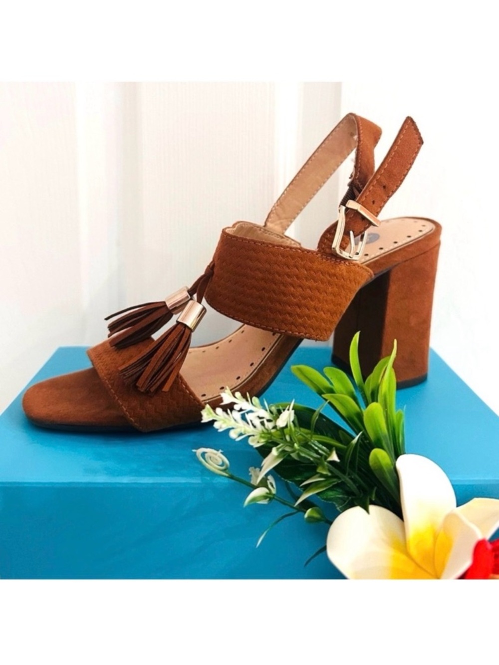 GABBY ~ Camel Brown Suede Sandals/Tassel Details and 3” Block Heel